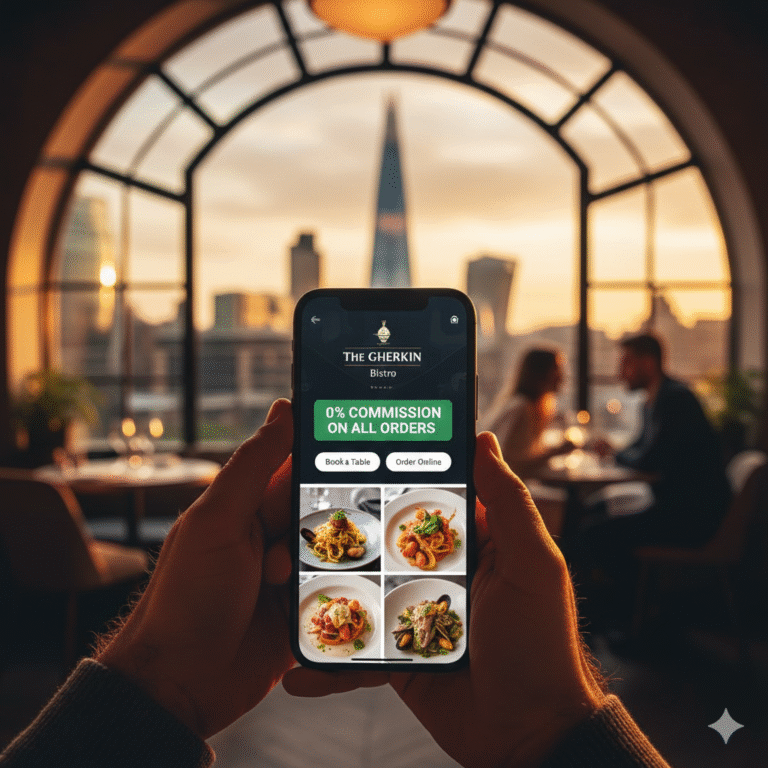 martphone showing a commission-free direct booking portal for a London restaurant, set against a blurred, elegant restaurant interior with a wide London city view. Highlights profit maximization for London eateries.